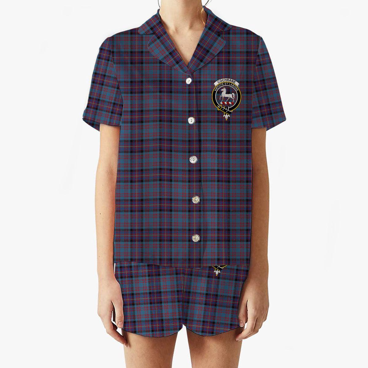 ScotsTee Shop Scottish Cochrane Azure Crest Women's Short Sleeve Short Set Tartan Pyjama Set