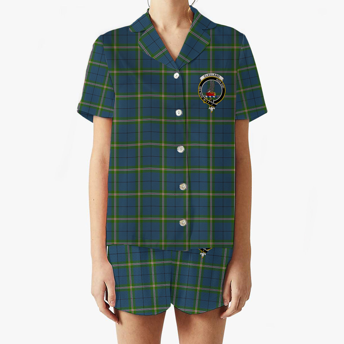ScotsTee Shop Scottish Cleland Crest Women's Short Sleeve Short Set Tartan Pyjama Set