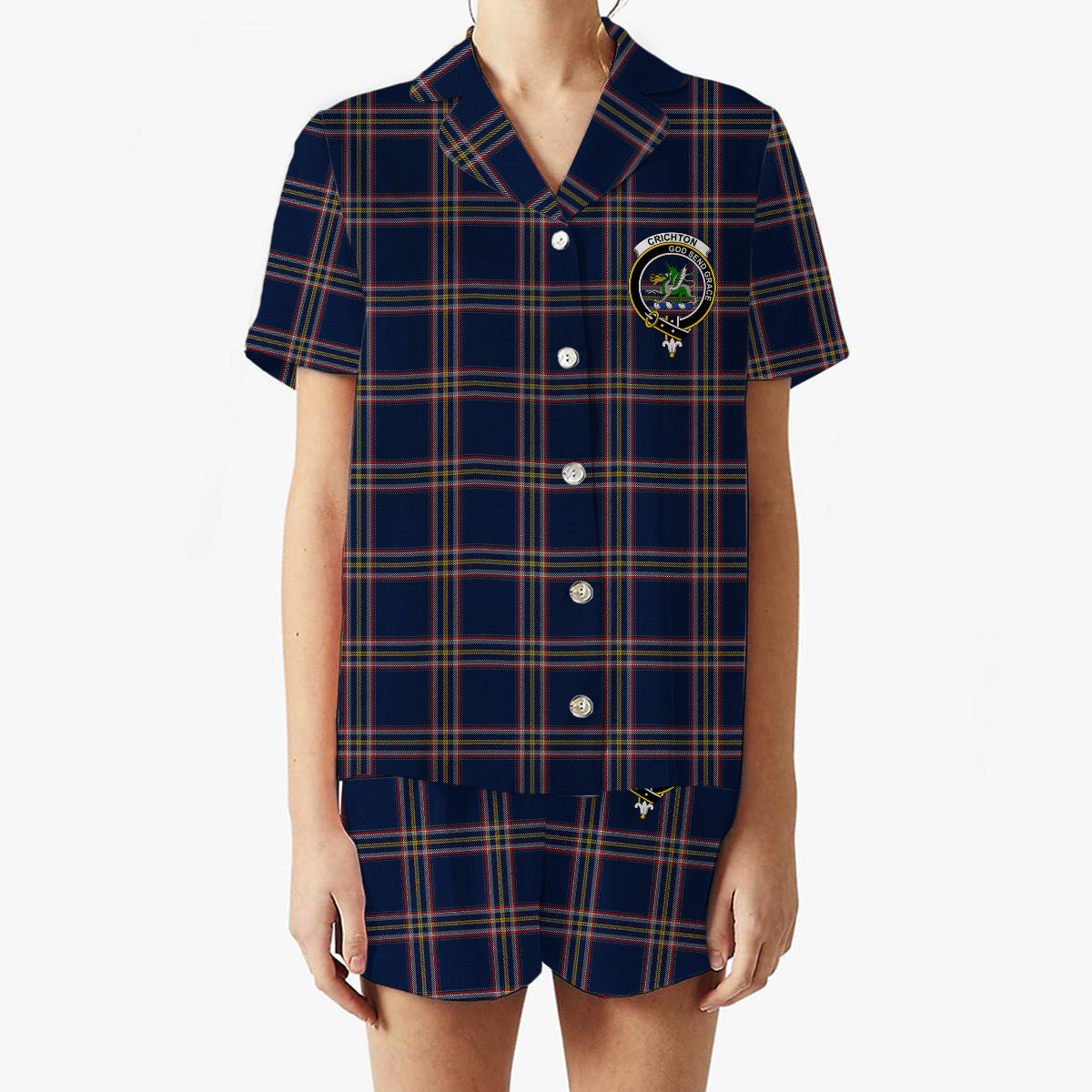 ScotsTee Shop Scottish Crichton Modern Crest Women's Short Sleeve Short Set Tartan Pyjama Set