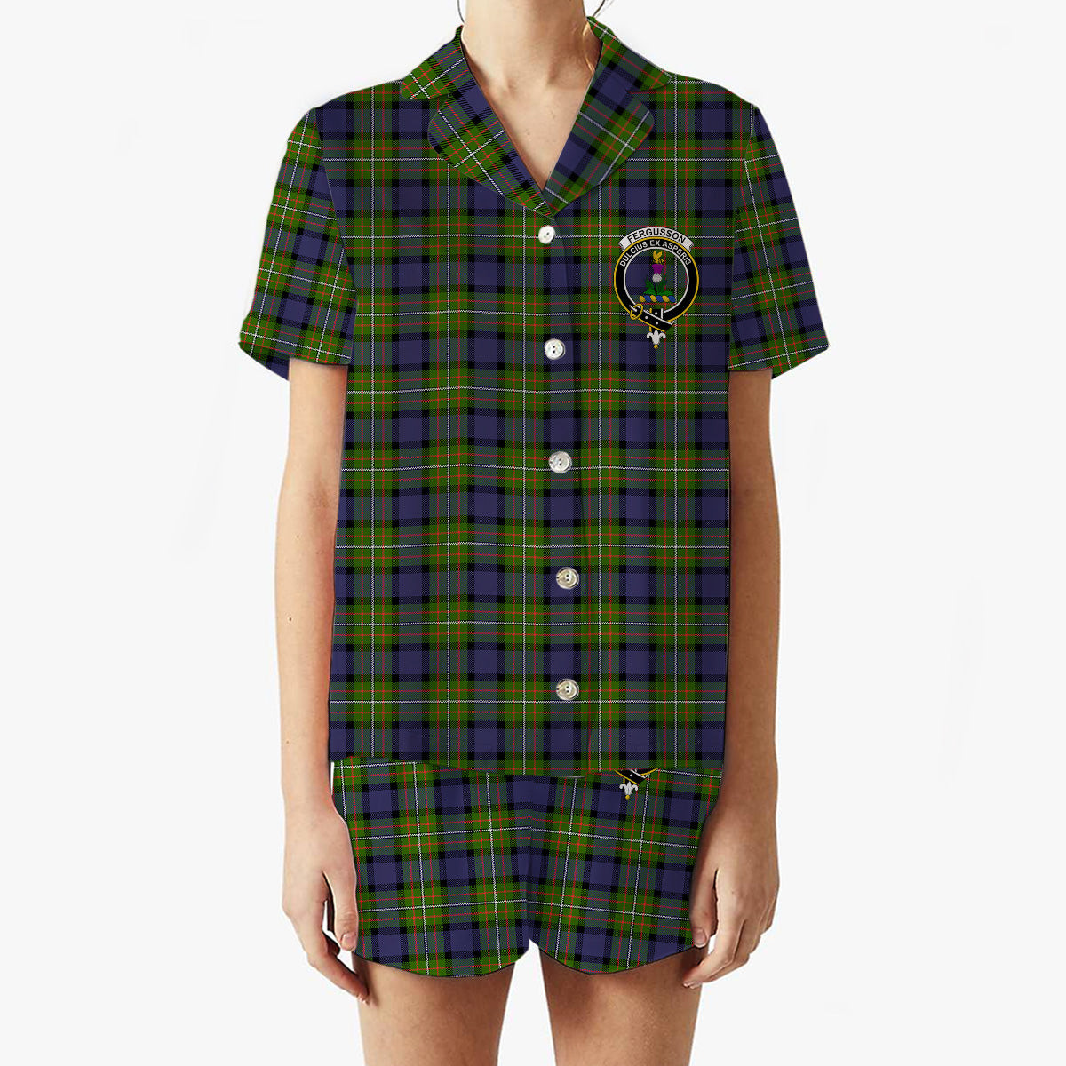 ScotsTee Shop Scottish Ferguson Modern Crest Women's Short Sleeve Short Set Tartan Pyjama Set