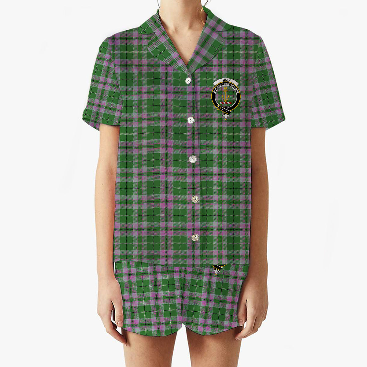 ScotsTee Shop Scottish Gray Hunting Ancient Crest Women's Short Sleeve Short Set Tartan Pyjama Set