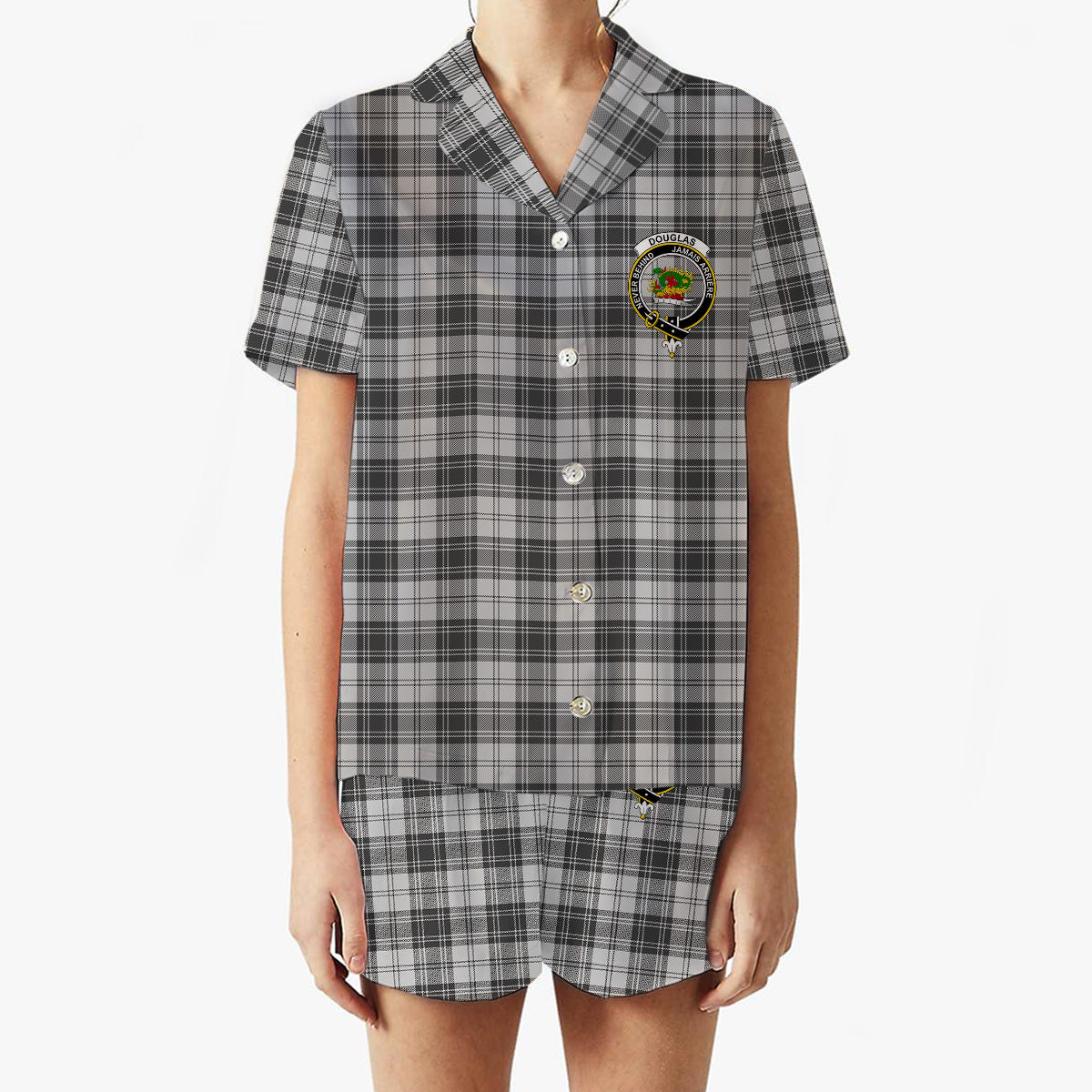 ScotsTee Shop Scottish Douglas Grey Modern Crest Women's Short Sleeve Short Set Tartan Pyjama Set