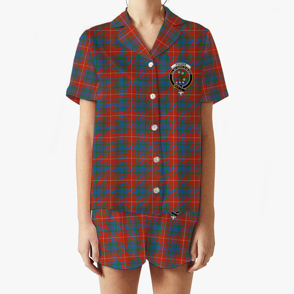 ScotsTee Shop Scottish Fraser Gathering Red Ancient Crest Women's Short Sleeve Short Set Tartan Pyjama Set