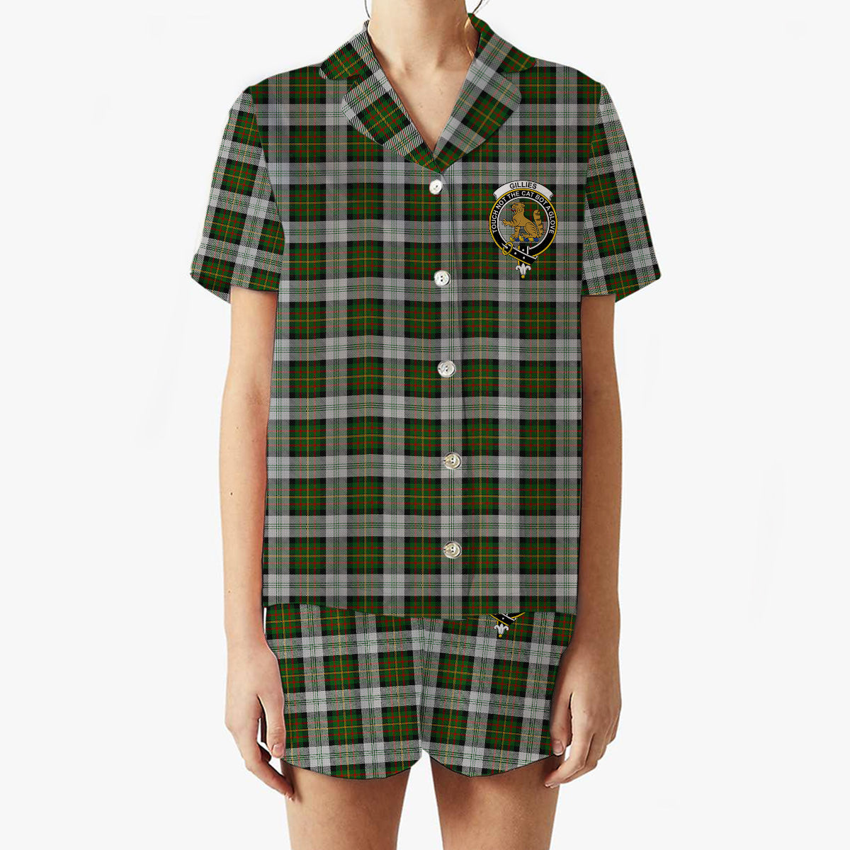 ScotsTee Shop Scottish Gillies Dress Green Crest Women's Short Sleeve Short Set Tartan Pyjama Set