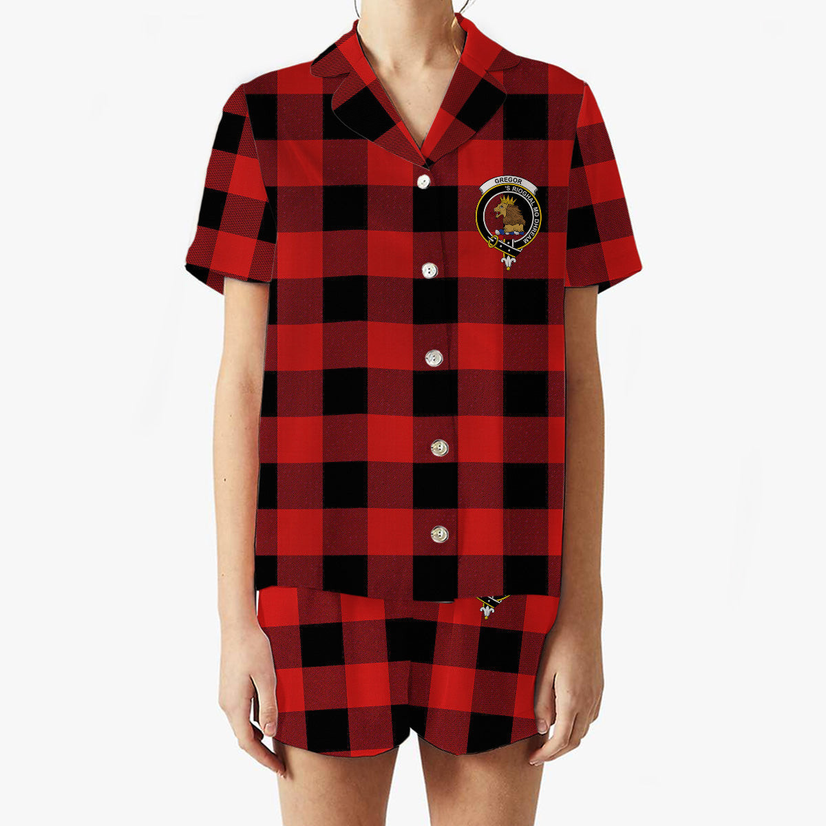 ScotsTee Shop Scottish Gregor Red & Black Modern Crest Women's Short Sleeve Short Set Tartan Pyjama Set