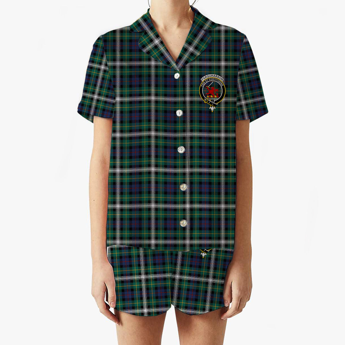 ScotsTee Shop Scottish Farquharson Dress Modern Crest Women's Short Sleeve Short Set Tartan Pyjama Set