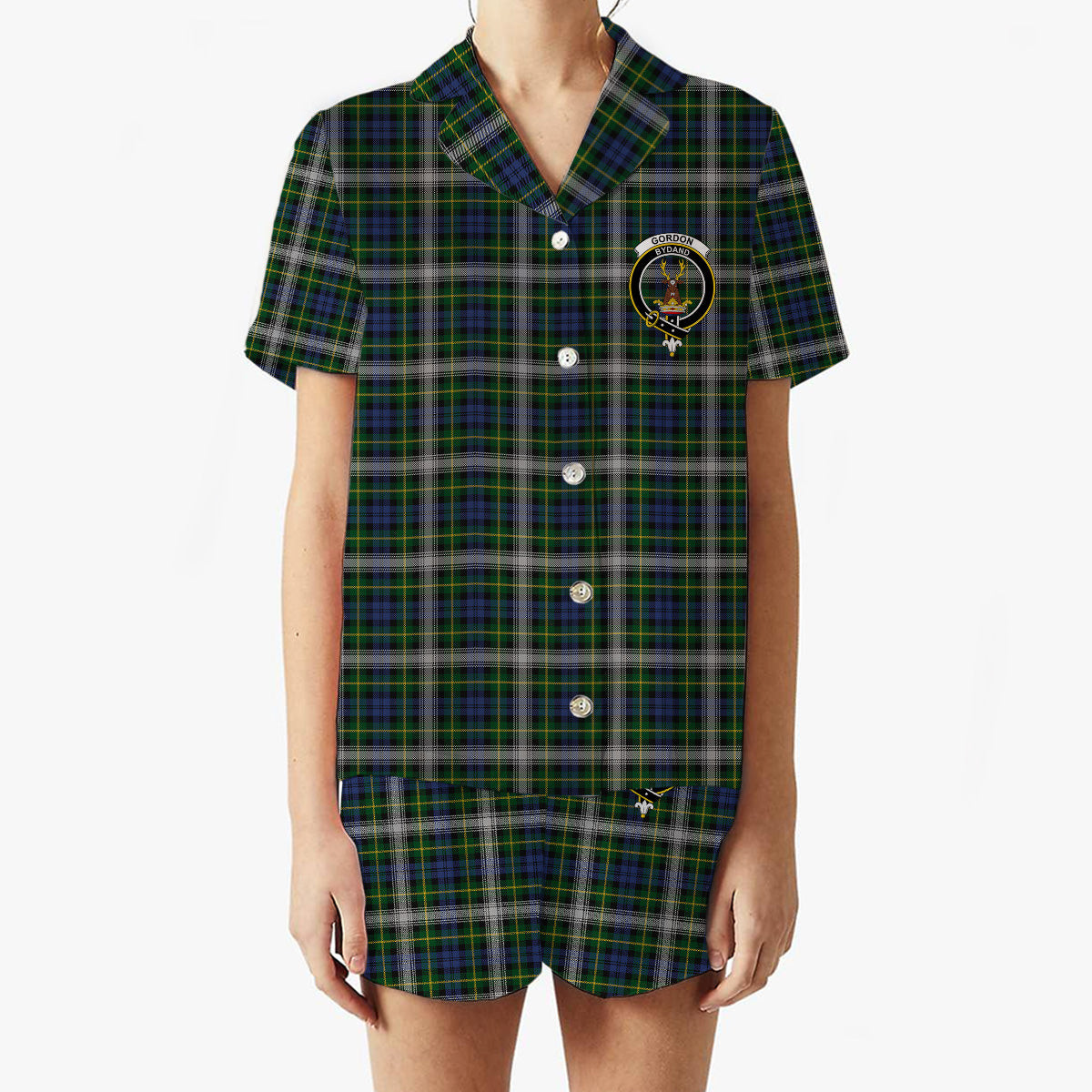 ScotsTee Shop Scottish Gordon Dress 2 Crest Women's Short Sleeve Short Set Tartan Pyjama Set