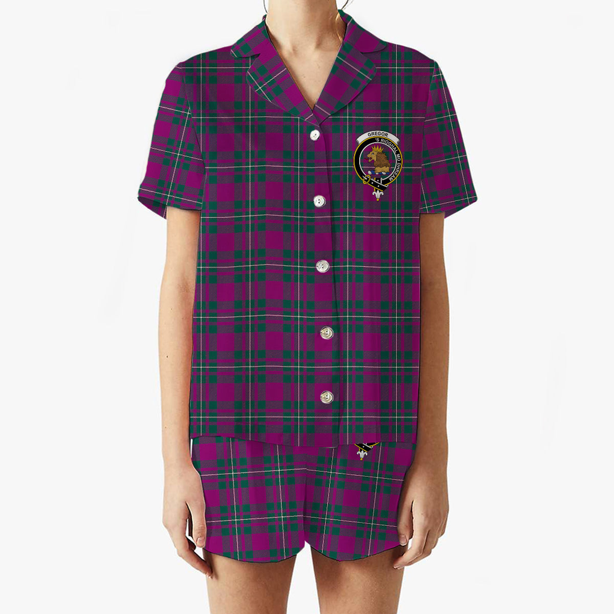 ScotsTee Shop Scottish Gregor Hunting Modern Crest Women's Short Sleeve Short Set Tartan Pyjama Set