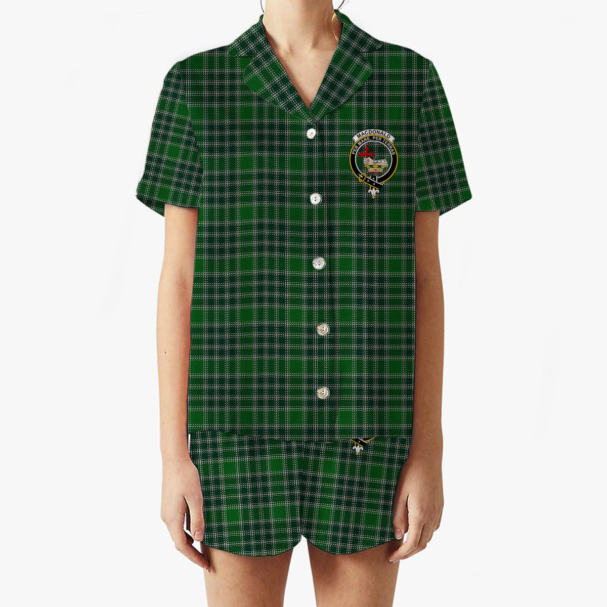ScotsTee Shop Scottish MacDonald Lord of the Isles Hunting Crest Women's Short Sleeve Short Set Tartan Pyjama Set