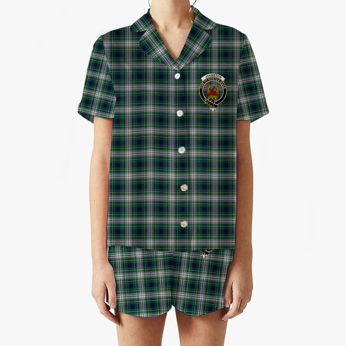ScotsTee Shop Scottish Johnston Dress Modern Crest Women's Short Sleeve Short Set Tartan Pyjama Set