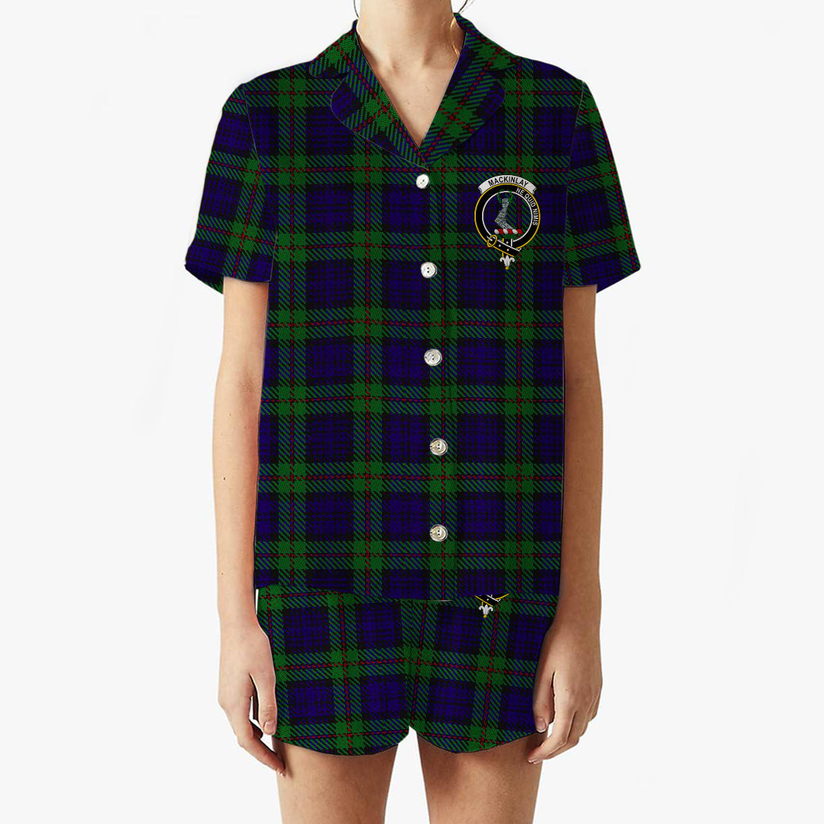 ScotsTee Shop Scottish MacKinlay 2_4 black stripes Crest Women's Short Sleeve Short Set Tartan Pyjama Set