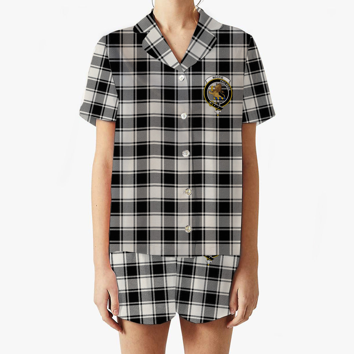 ScotsTee Shop Scottish MacFie Black & White Modern Crest Women's Short Sleeve Short Set Tartan Pyjama Set