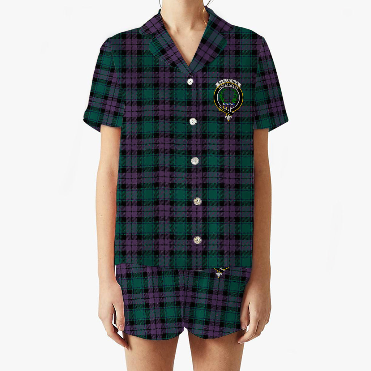 ScotsTee Shop Scottish MacArthur of Milton Modern Crest Women's Short Sleeve Short Set Tartan Pyjama Set