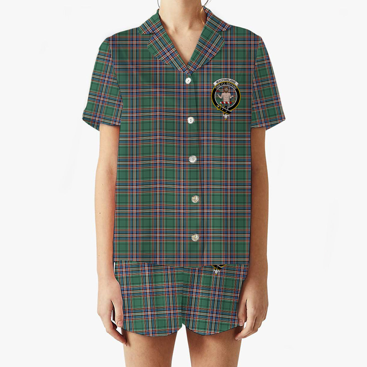 ScotsTee Shop Scottish MacFarlane Hunting Ancient Crest Women's Short Sleeve Short Set Tartan Pyjama Set