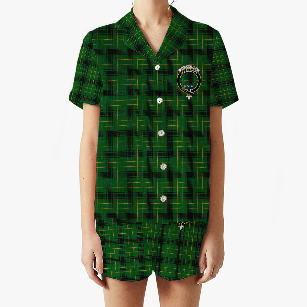 ScotsTee Shop Scottish MacArthur Highland Society Crest Women's Short Sleeve Short Set Tartan Pyjama Set