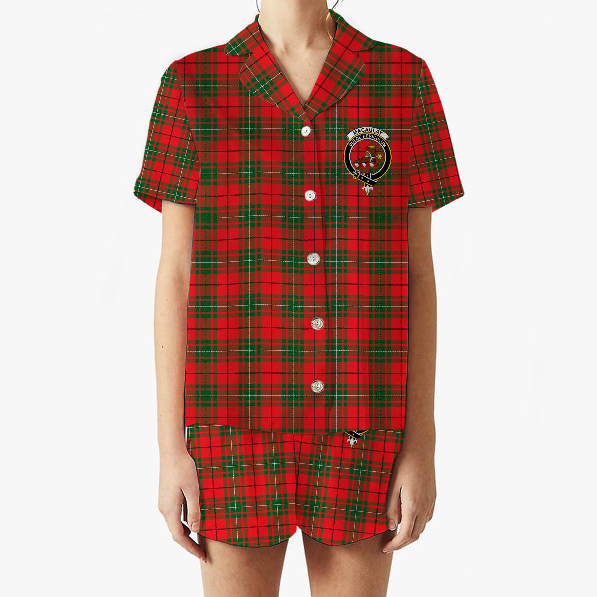 ScotsTee Shop Scottish MacAulay Modern Crest Women's Short Sleeve Short Set Tartan Pyjama Set