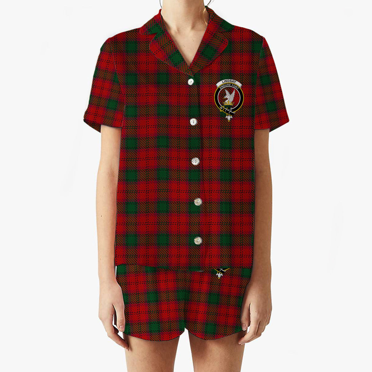 ScotsTee Shop Scottish Lindsay 3 Crest Women's Short Sleeve Short Set Tartan Pyjama Set