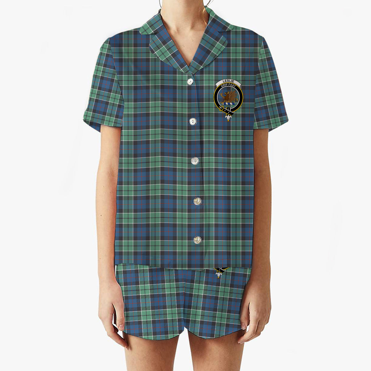 ScotsTee Shop Scottish Leslie Hunting Ancient SC Crest Women's Short Sleeve Short Set Tartan Pyjama Set