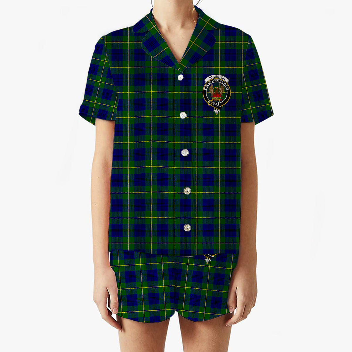 ScotsTee Shop Scottish Johnston of Caskieben Modern Crest Women's Short Sleeve Short Set Tartan Pyjama Set