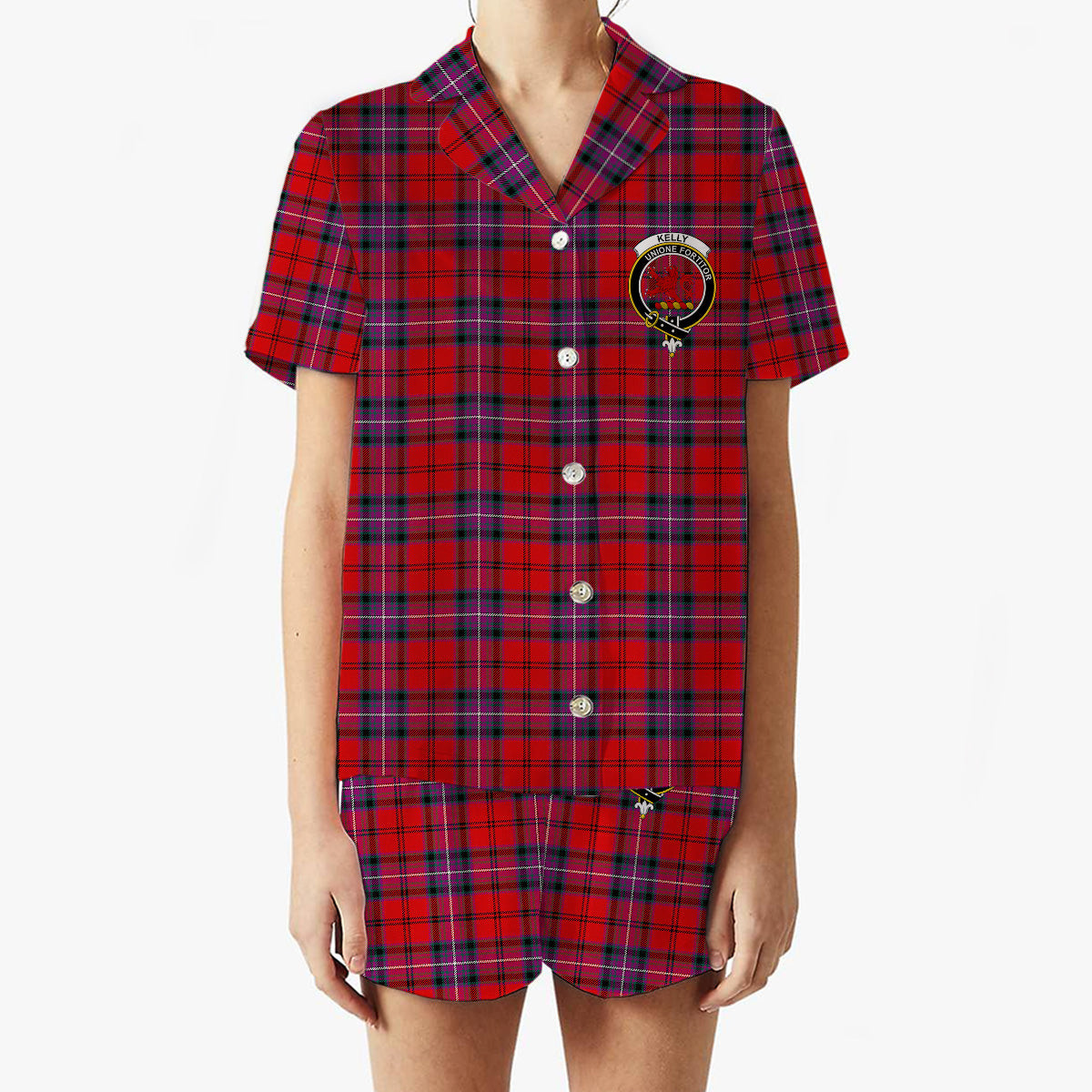 ScotsTee Shop Scottish Kelly of Sleat Red Modern Crest Women's Short Sleeve Short Set Tartan Pyjama Set