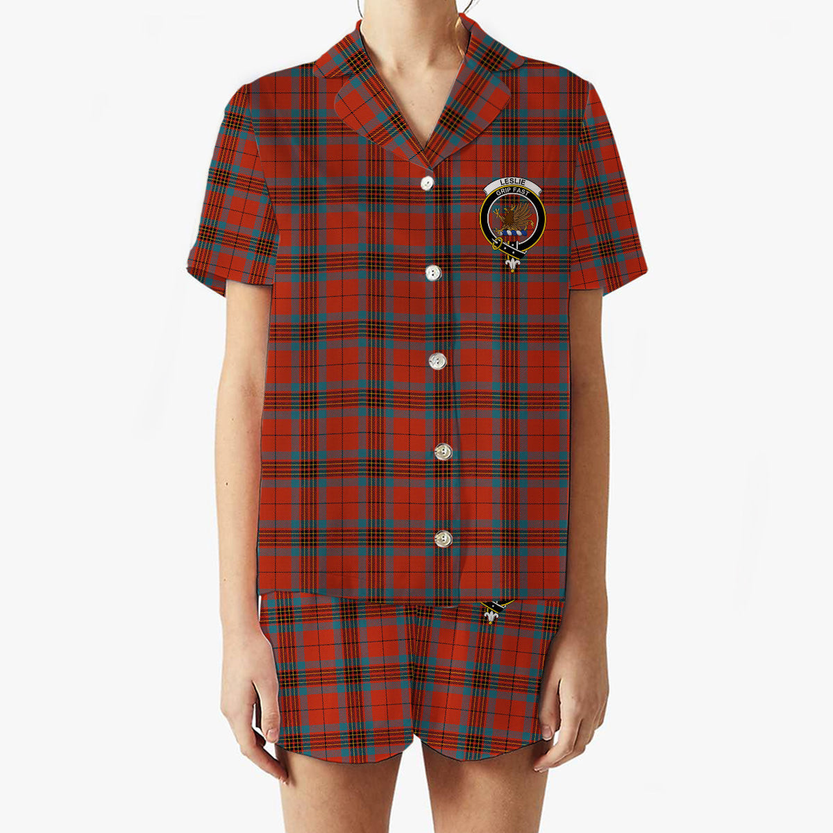 ScotsTee Shop Scottish Leslie Red Ancient Crest Women's Short Sleeve Short Set Tartan Pyjama Set