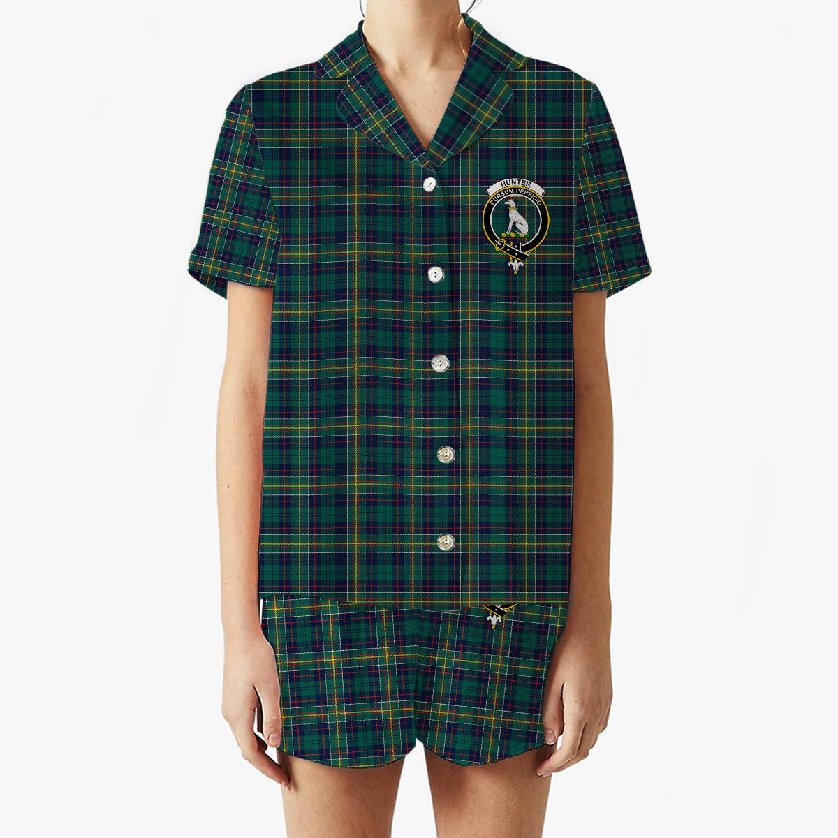 ScotsTee Shop Scottish Hunter of Hunterston Modern Crest Women's Short Sleeve Short Set Tartan Pyjama Set