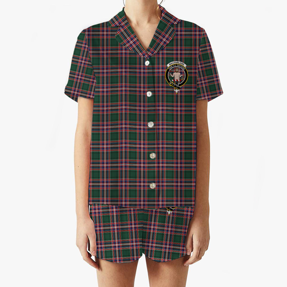 ScotsTee Shop Scottish MacFarlane Hunting Modern Crest Women's Short Sleeve Short Set Tartan Pyjama Set