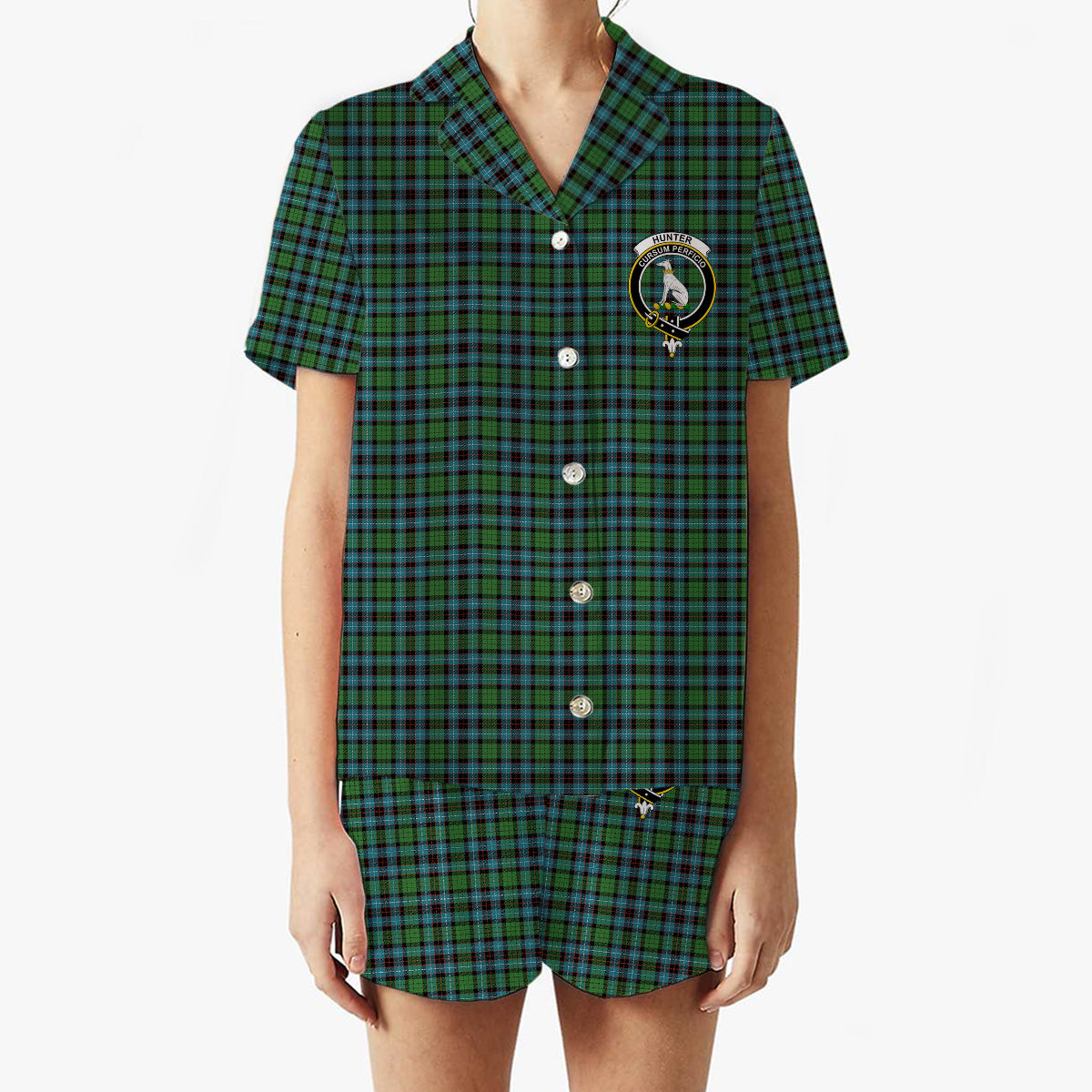 ScotsTee Shop Scottish Hunter of Peebleshire Ancient Crest Women's Short Sleeve Short Set Tartan Pyjama Set