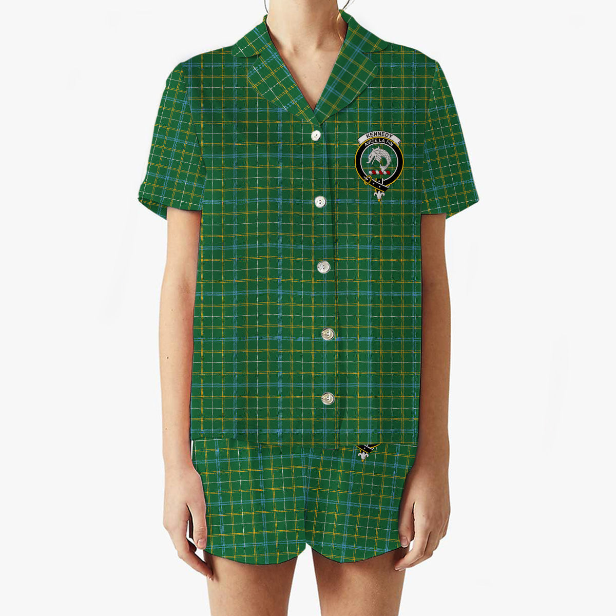 ScotsTee Shop Scottish Kennedy Irish Ancient Crest Women's Short Sleeve Short Set Tartan Pyjama Set