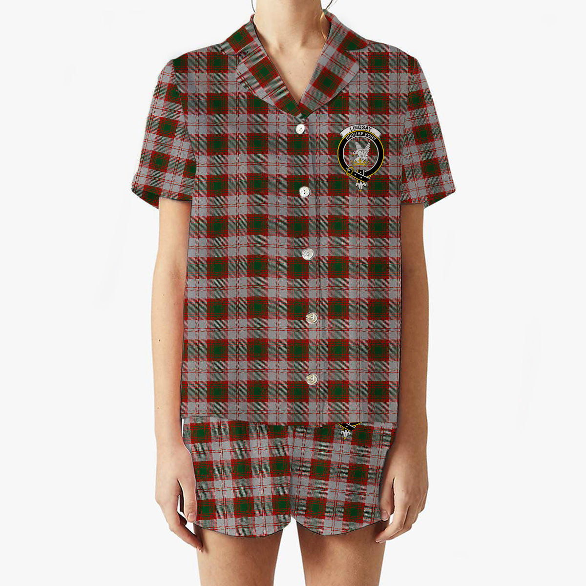 ScotsTee Shop Scottish Lindsay Dress Red Crest Women's Short Sleeve Short Set Tartan Pyjama Set