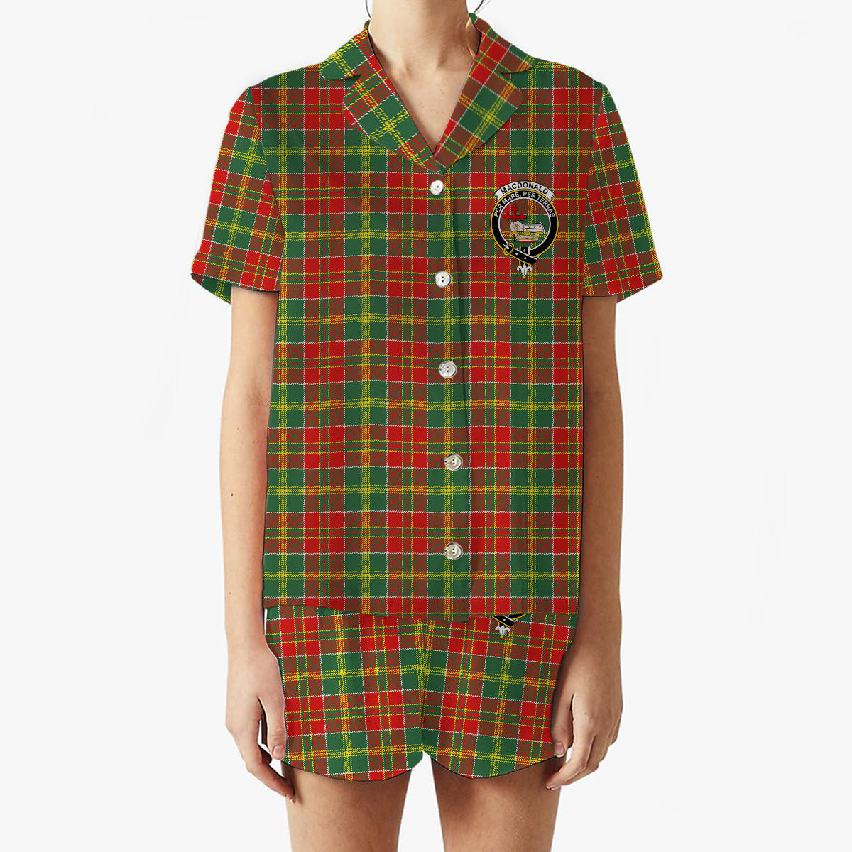 ScotsTee Shop Scottish MacDonald of Kingsburgh Modern Crest Women's Short Sleeve Short Set Tartan Pyjama Set