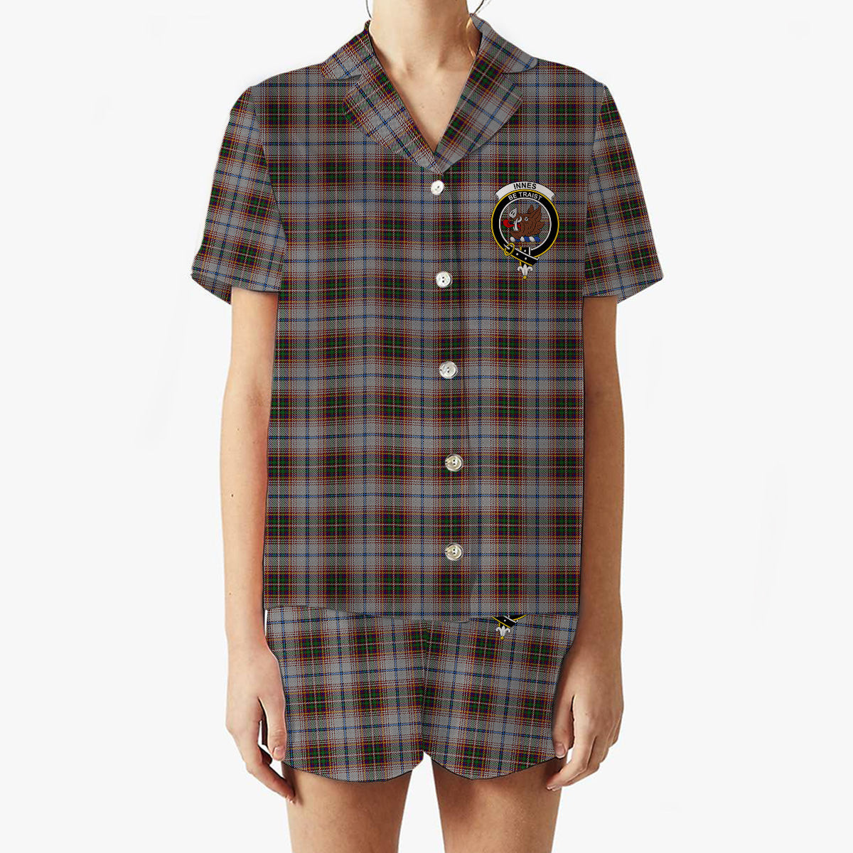 ScotsTee Shop Scottish Innes Red Dress Dance Crest Women's Short Sleeve Short Set Tartan Pyjama Set