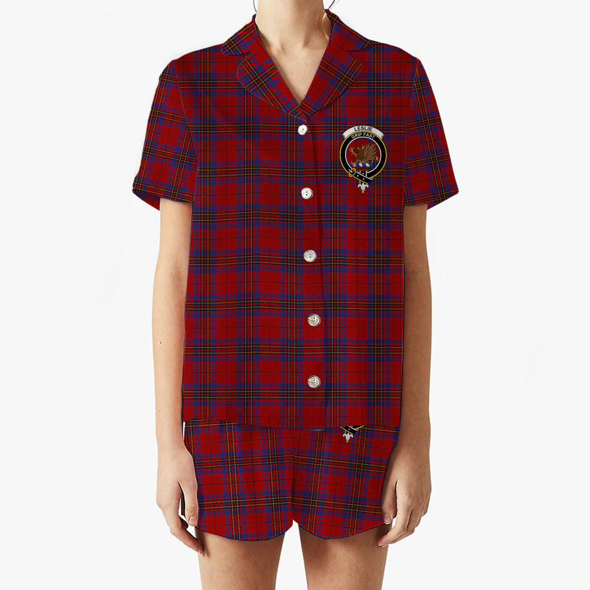 ScotsTee Shop Scottish Leslie Red Crest Women's Short Sleeve Short Set Tartan Pyjama Set
