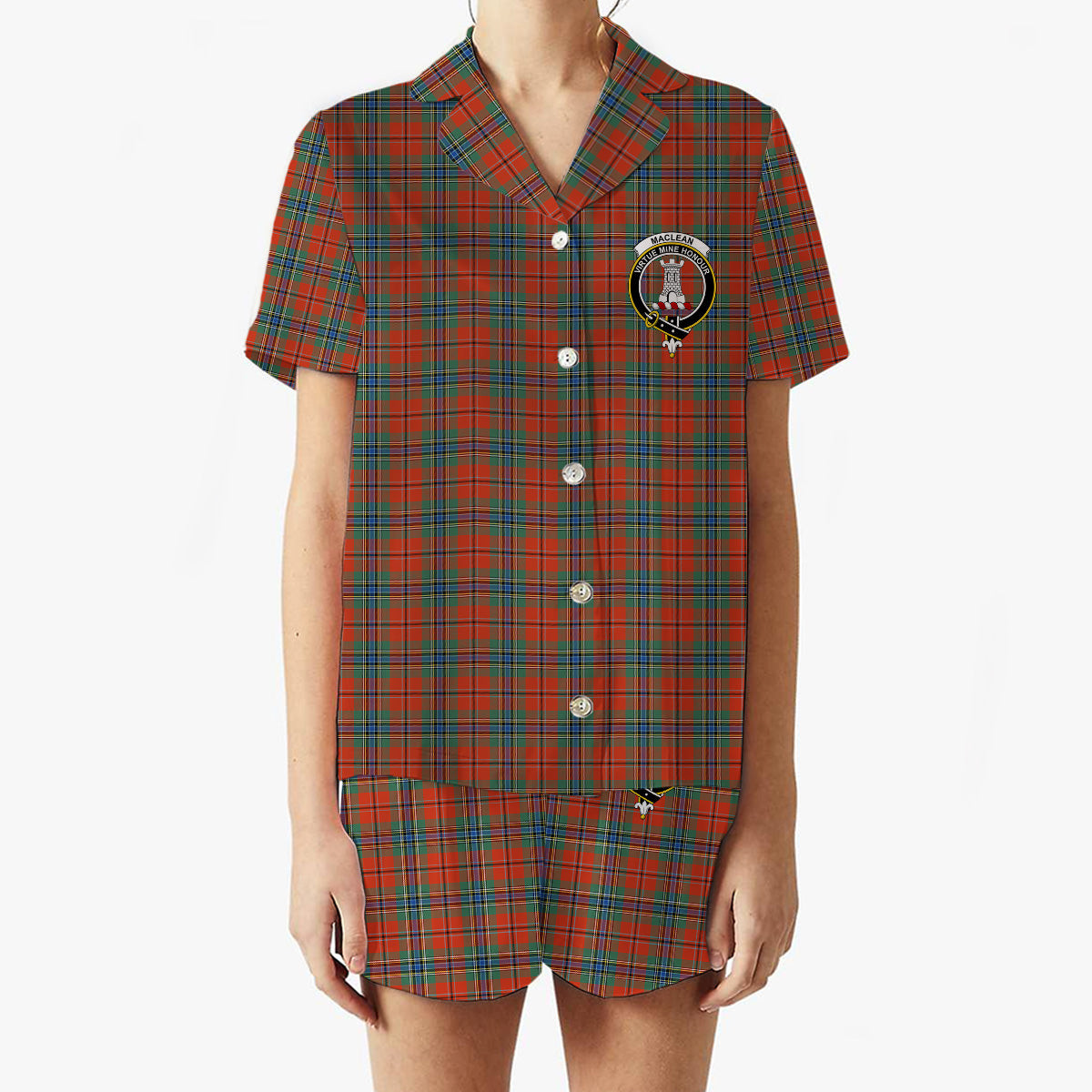 ScotsTee Shop Scottish MacLean of Duart Ancient Crest Women's Short Sleeve Short Set Tartan Pyjama Set