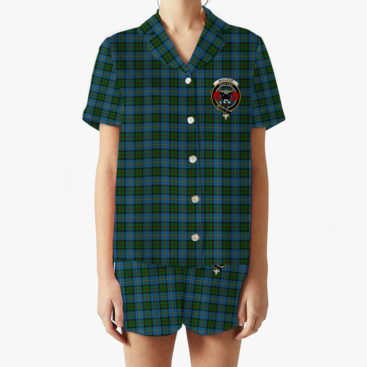 ScotsTee Shop Scottish MacLeod Green Crest Women's Short Sleeve Short Set Tartan Pyjama Set