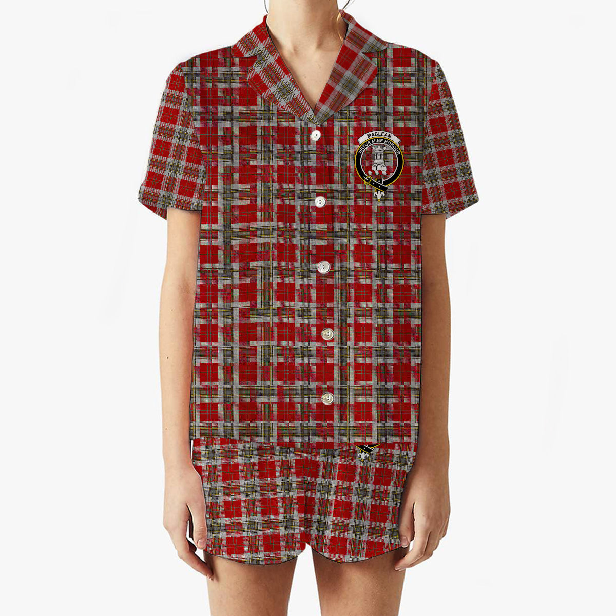 ScotsTee Shop Scottish MacLean of Duart Dress Red Crest Women's Short Sleeve Short Set Tartan Pyjama Set