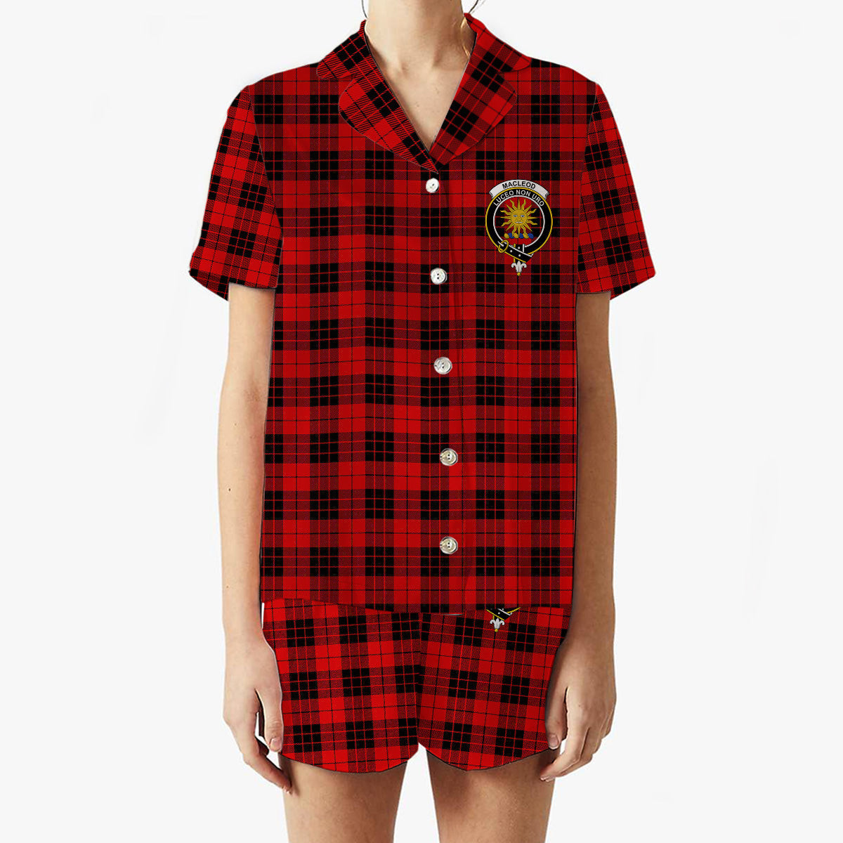 ScotsTee Shop Scottish MacLeod of Raasay Modern Crest Women's Short Sleeve Short Set Tartan Pyjama Set