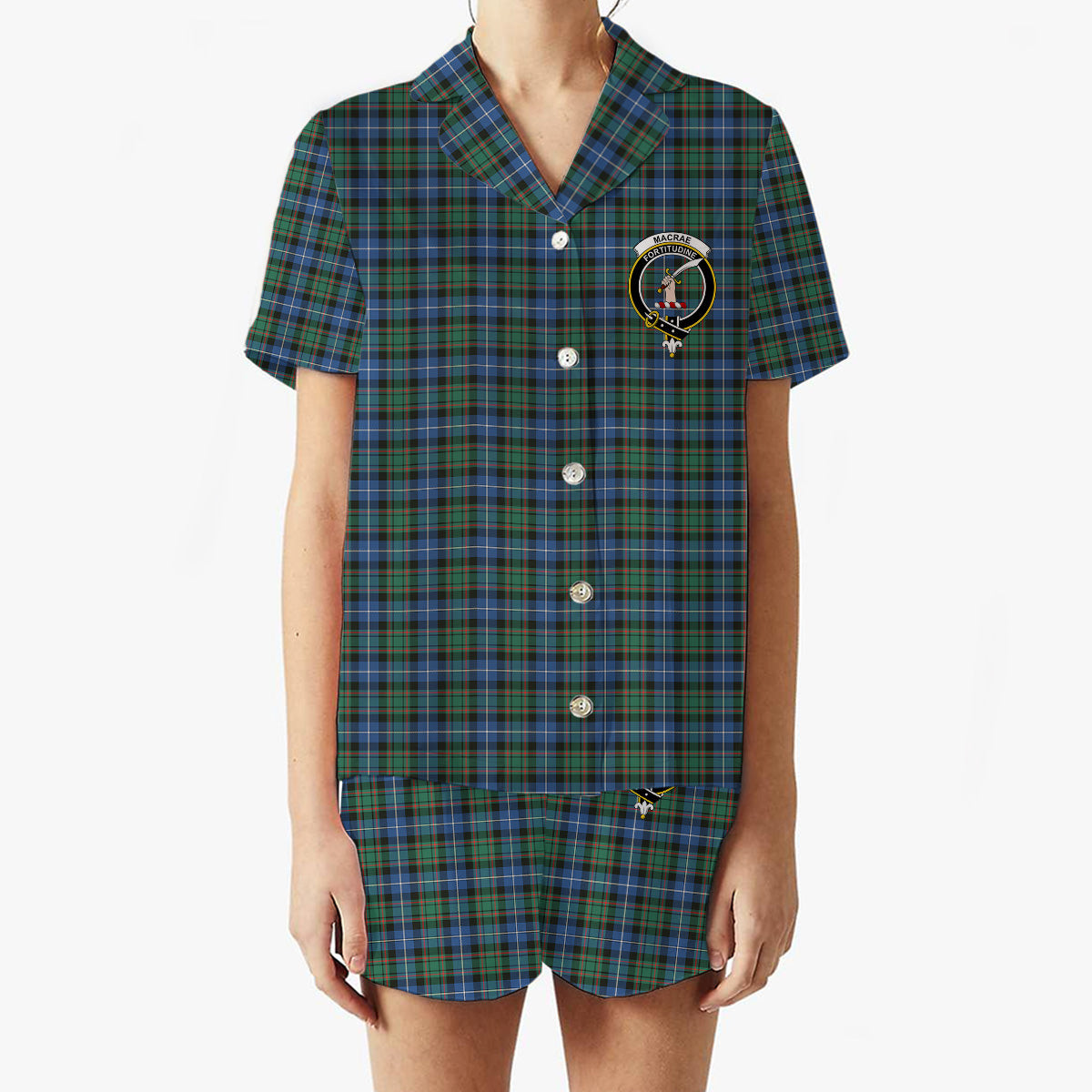 ScotsTee Shop Scottish MacRae Hunting Ancient Crest Women's Short Sleeve Short Set Tartan Pyjama Set