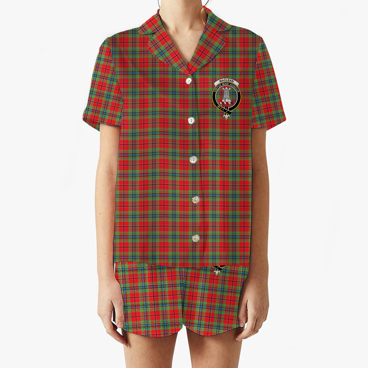 ScotsTee Shop Scottish MacLean of Duart Modern Crest Women's Short Sleeve Short Set Tartan Pyjama Set