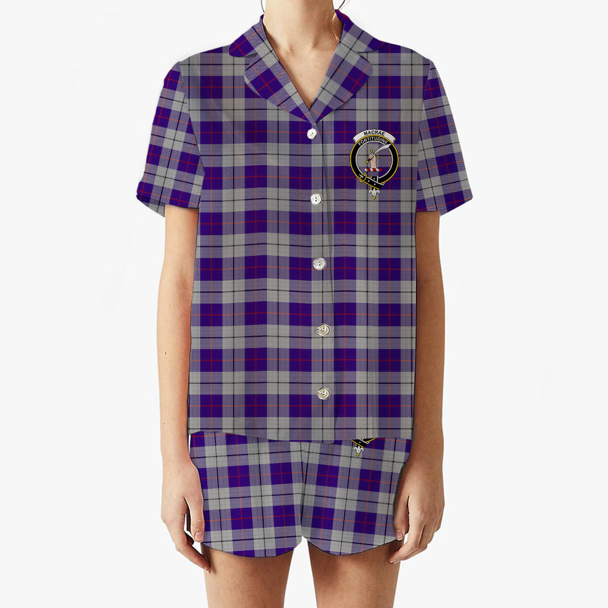 ScotsTee Shop Scottish MacRae Dress Purple 1 Crest Women's Short Sleeve Short Set Tartan Pyjama Set