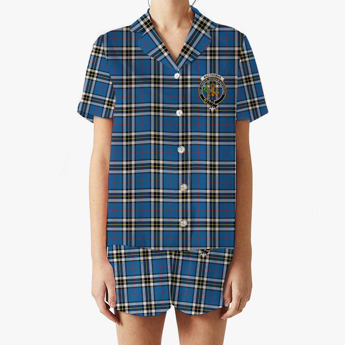 ScotsTee Shop Scottish MacThomas Blue Modern Crest Women's Short Sleeve Short Set Tartan Pyjama Set