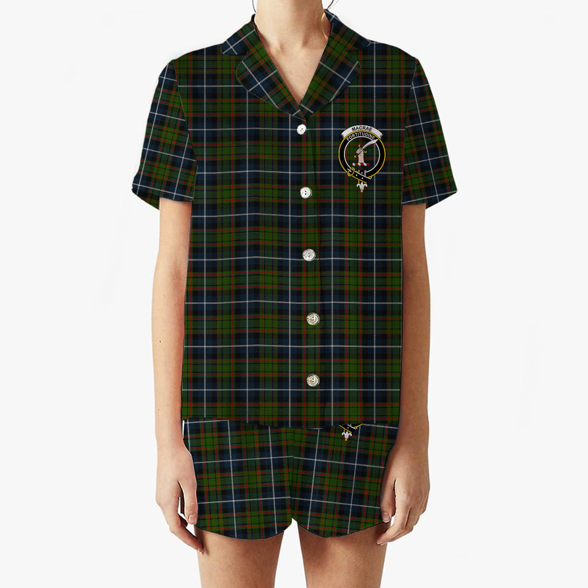ScotsTee Shop Scottish MacRae Hunting Crest Women's Short Sleeve Short Set Tartan Pyjama Set