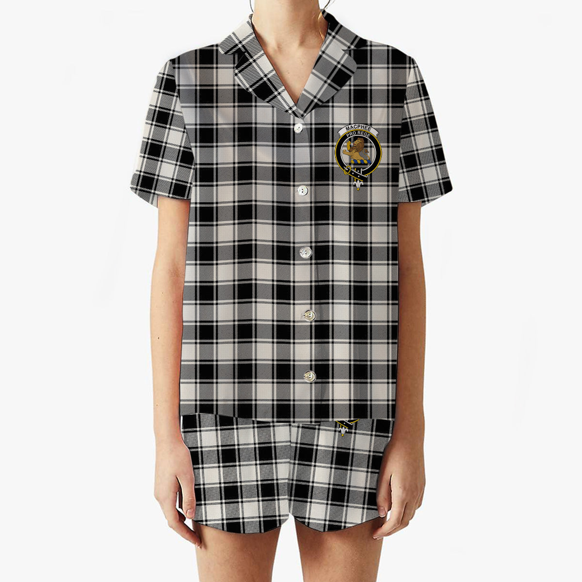 ScotsTee Shop Scottish MacPhee B&W Modern Crest Women's Short Sleeve Short Set Tartan Pyjama Set