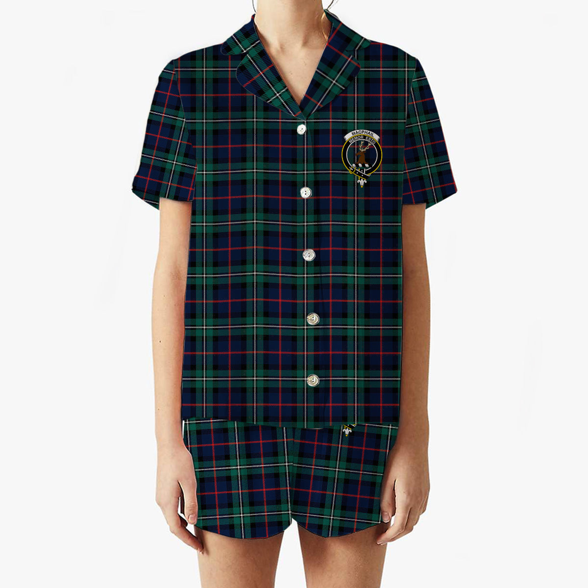 ScotsTee Shop Scottish MacPhail Hunting Modern Crest Women's Short Sleeve Short Set Tartan Pyjama Set
