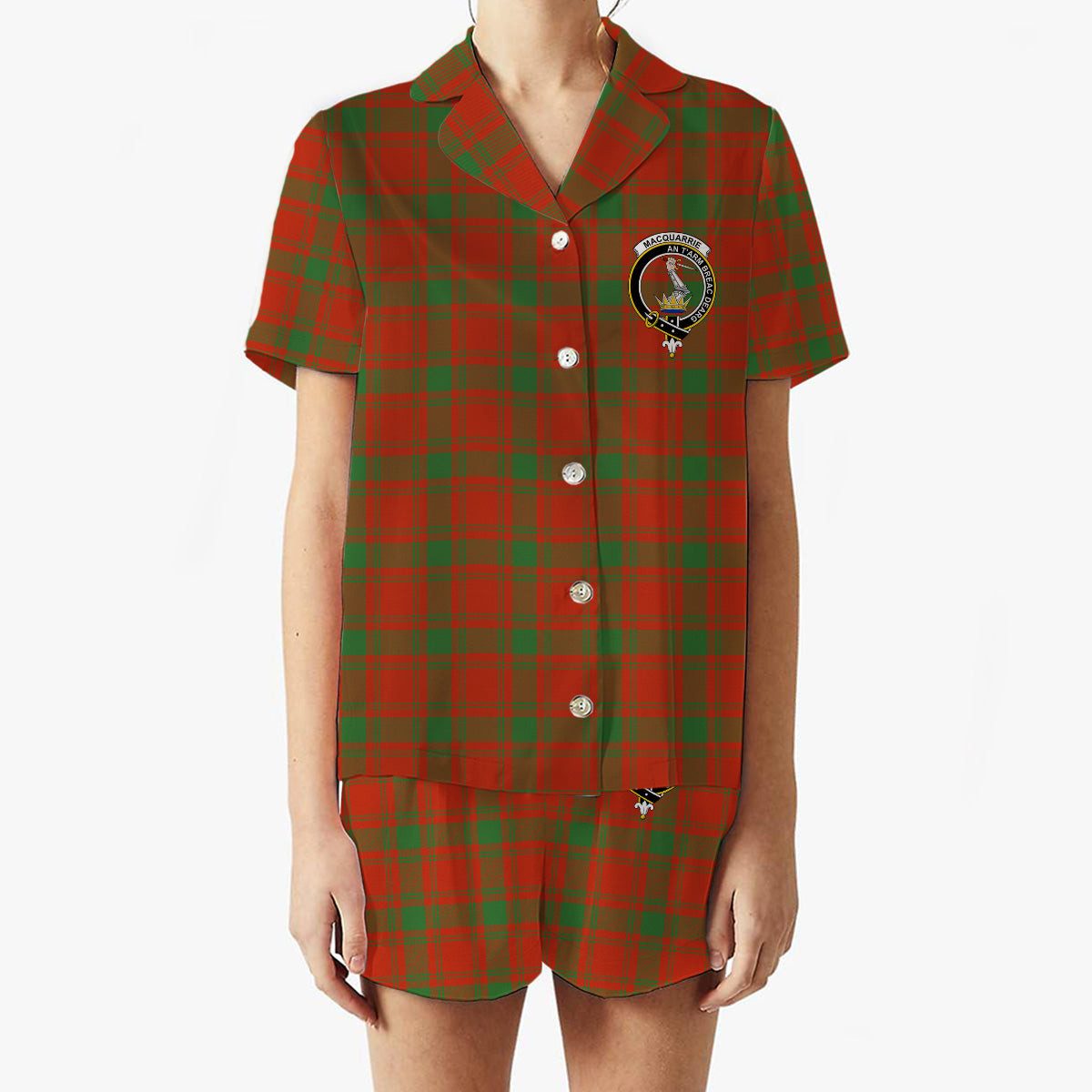 ScotsTee Shop Scottish MacQuarrie Ancient Crest Women's Short Sleeve Short Set Tartan Pyjama Set