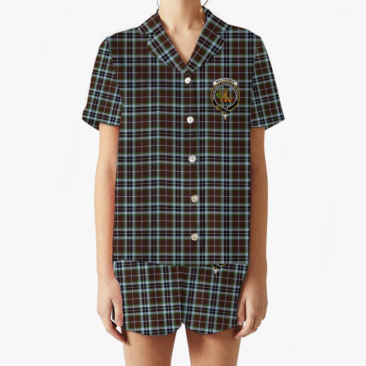 ScotsTee Shop Scottish MacThomas Hunting Modern Crest Women's Short Sleeve Short Set Tartan Pyjama Set