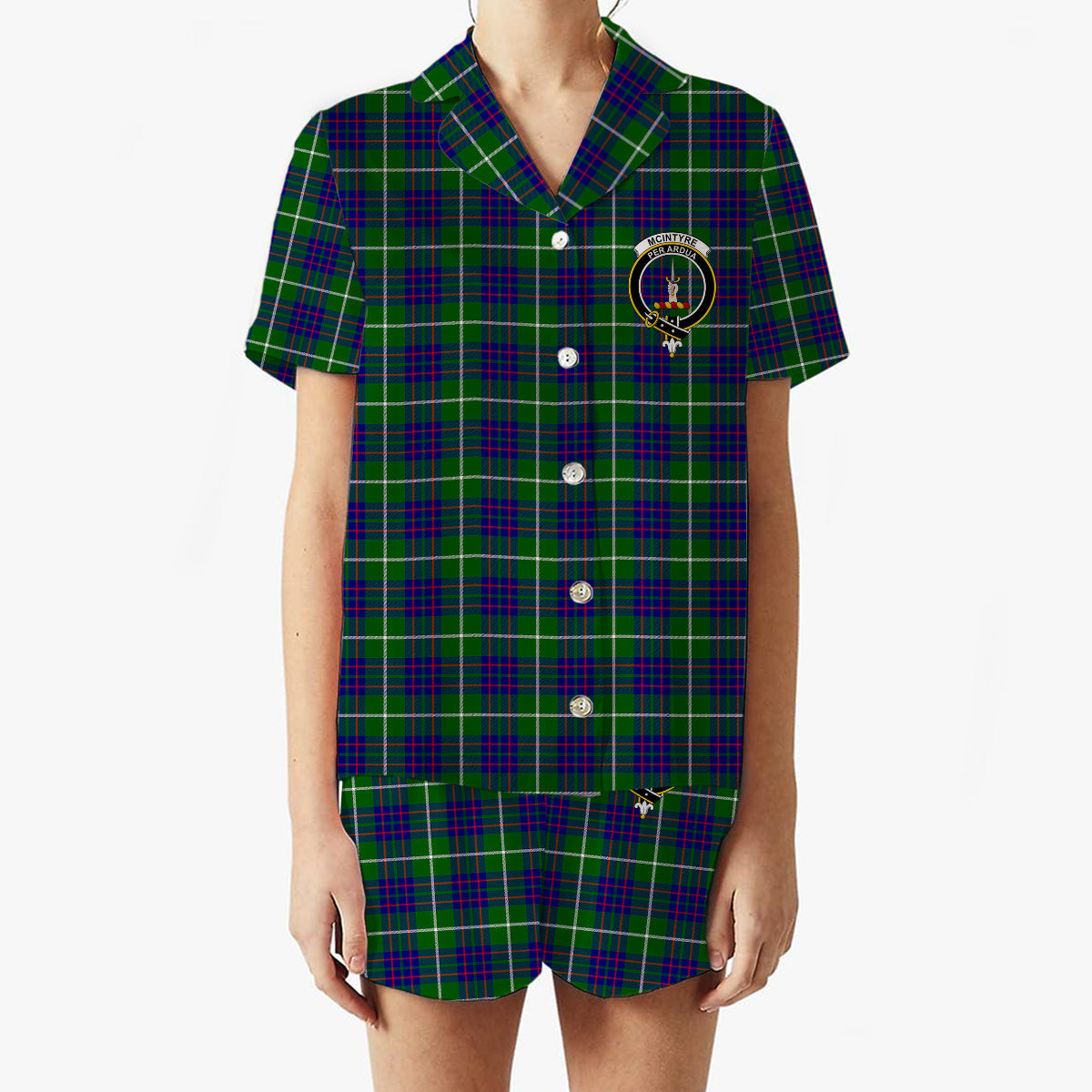 ScotsTee Shop Scottish McIntyre Hunting Modern Crest Women's Short Sleeve Short Set Tartan Pyjama Set