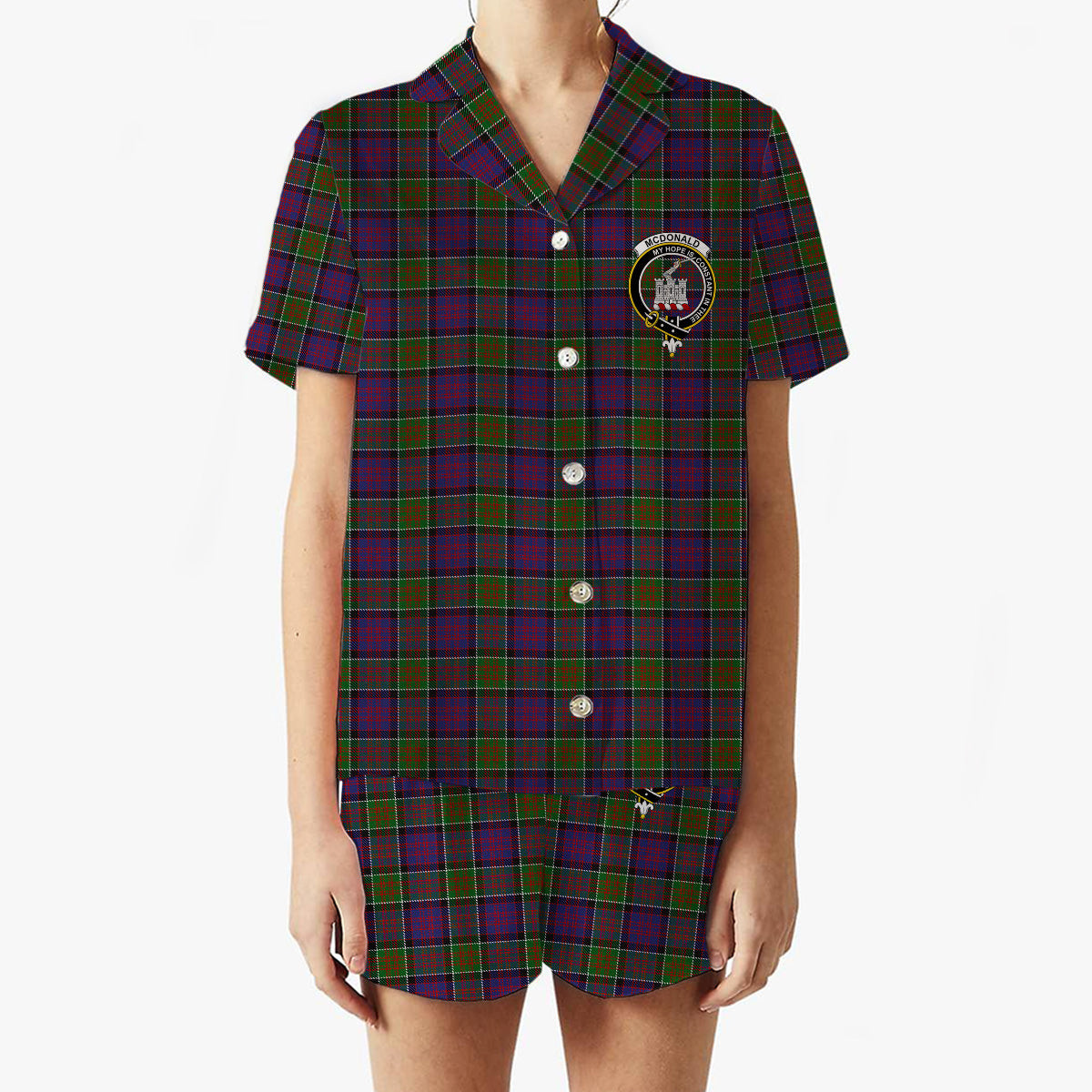 ScotsTee Shop Scottish McDonald of Clan Ranald Modern Crest Women's Short Sleeve Short Set Tartan Pyjama Set