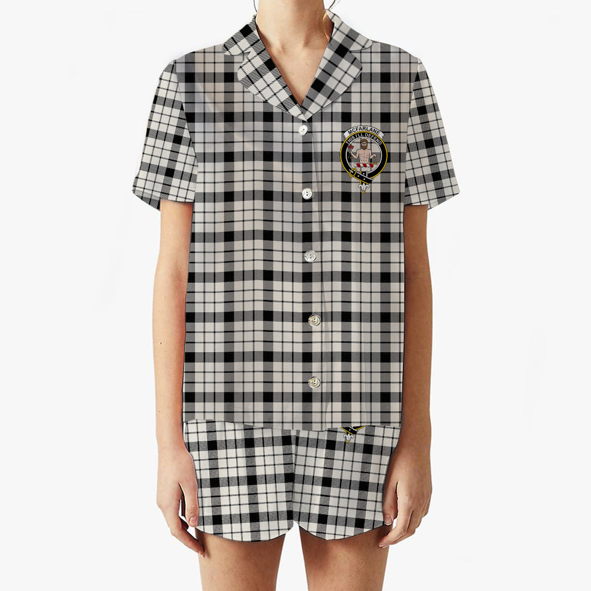 ScotsTee Shop Scottish McFarlane Black White Modern Crest Women's Short Sleeve Short Set Tartan Pyjama Set