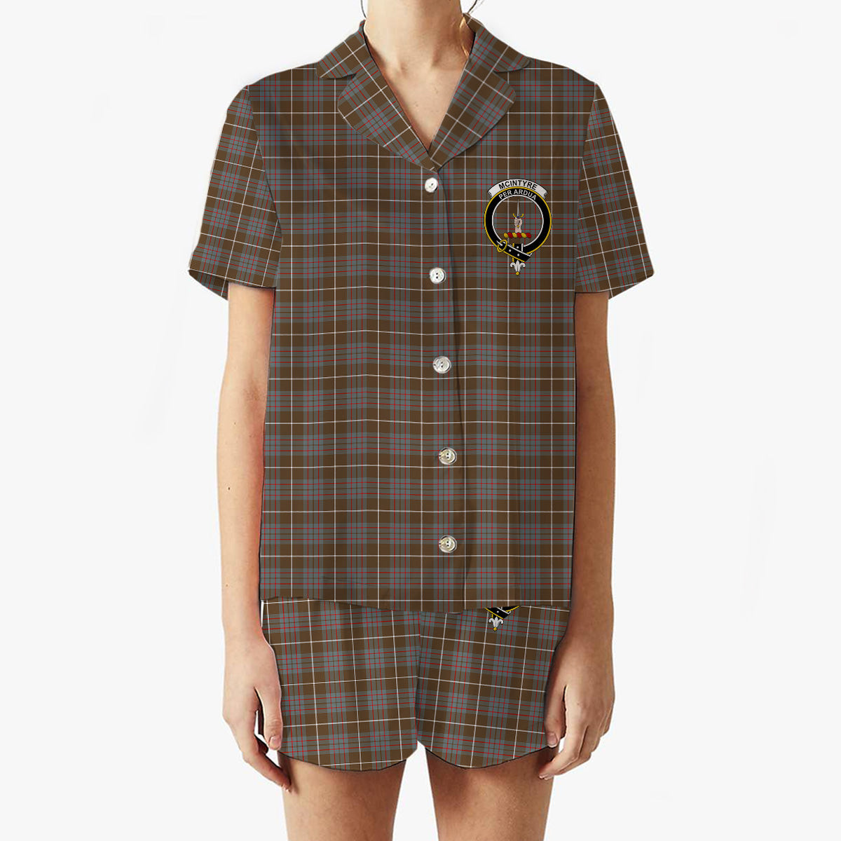 ScotsTee Shop Scottish McIntyre Hunting Weathered Crest Women's Short Sleeve Short Set Tartan Pyjama Set